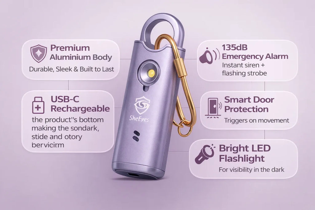 SheEyes personal Alarm  on a purple background, product specification