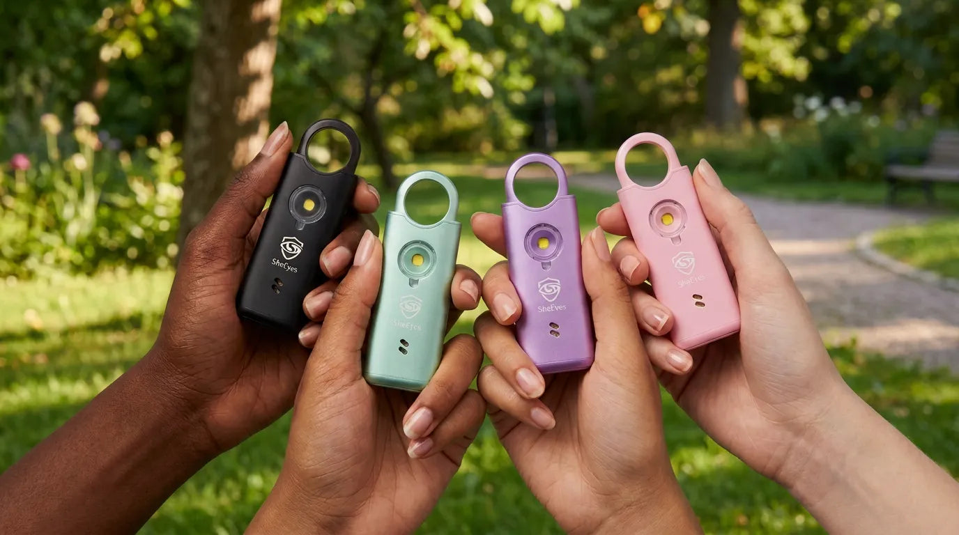 Four colourful SheEyes alarms held by hands in a park setting