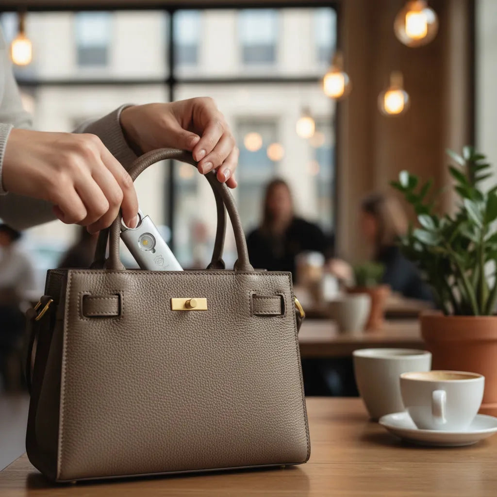 Woman put SheEyes Pro safety alarm in to the bag