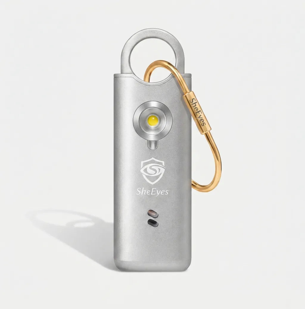 SheEyes Pro silver personal safety alarm USB-C rechargeable