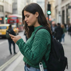 woman holding SheEyes Pro safety alarm on backpack