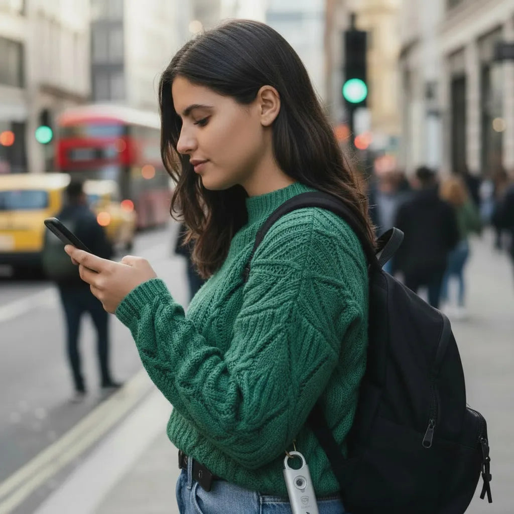 woman holding SheEyes Pro safety alarm on backpack