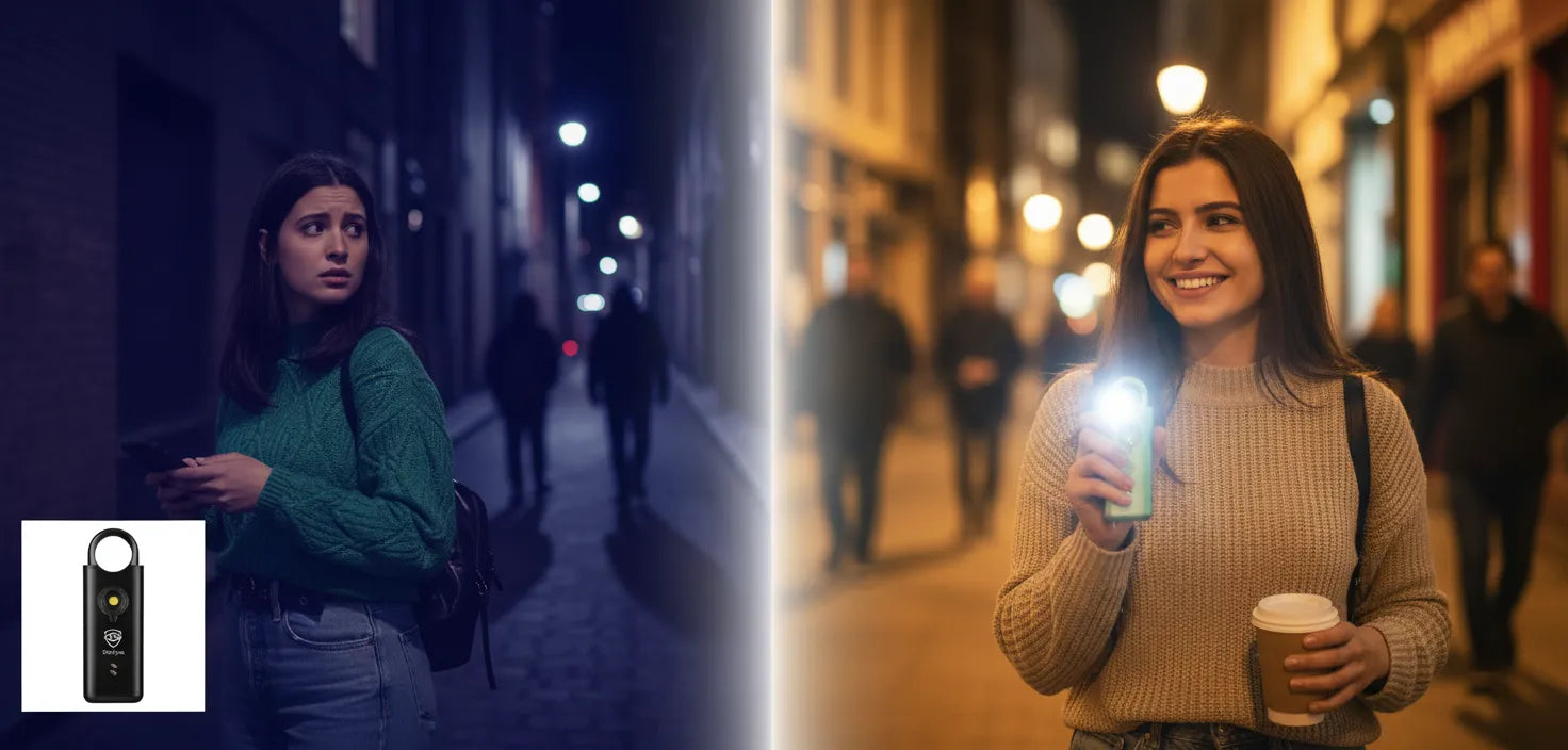 Two women on a city street at night, one with a flashlight SheEyes and the other with a phone, with a brand logo in the corner.